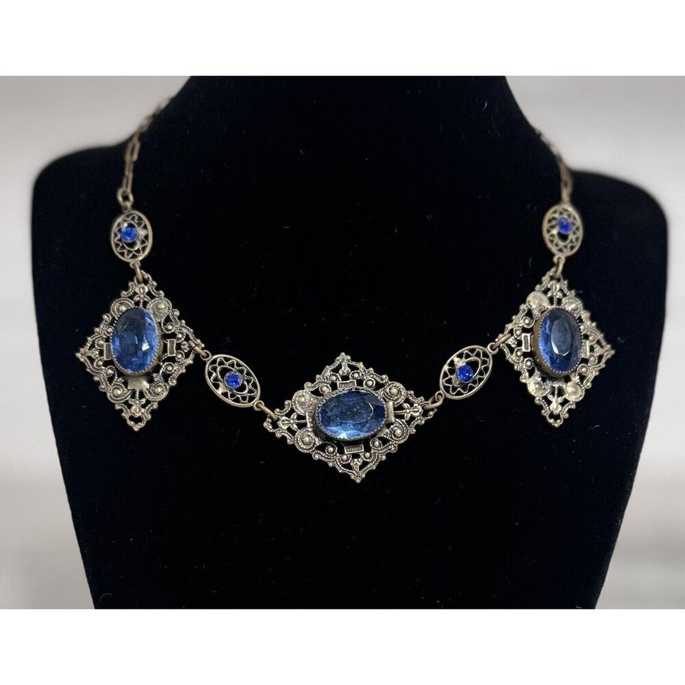 Antique Victorian Czech Blue Glass Filigree Bib Choker Necklace